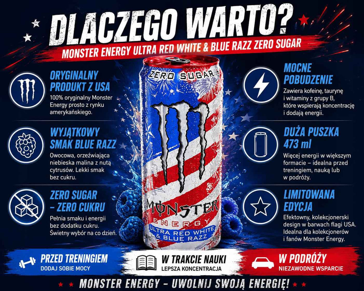 Monster Energy Ultra Red White & Blue Razz 473 ml - PALETA 1440 puszek