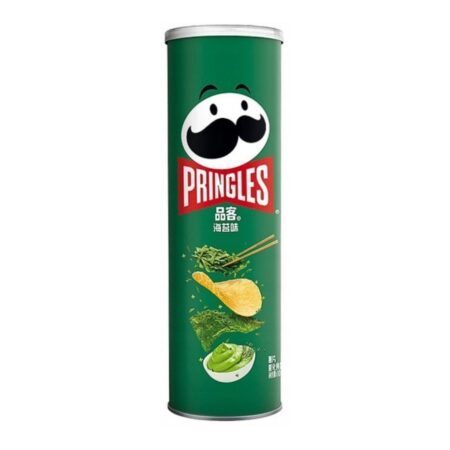 alt="Pringles Seaweed -chipsy o smaku wodorostów w zielonej tubie"