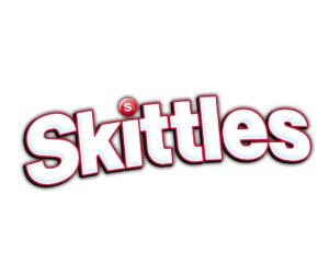 Logo Skittles – kolorowy napis z tęczą na tle, charakterystyczny znak marki słodyczy