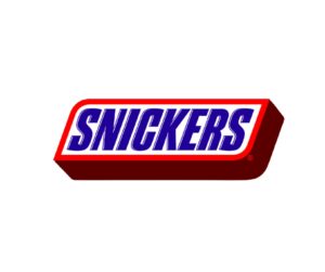 Logo marki Snickers – charakterystyczny napis w białych literach na granatowym tle z czerwonym obramowaniem 