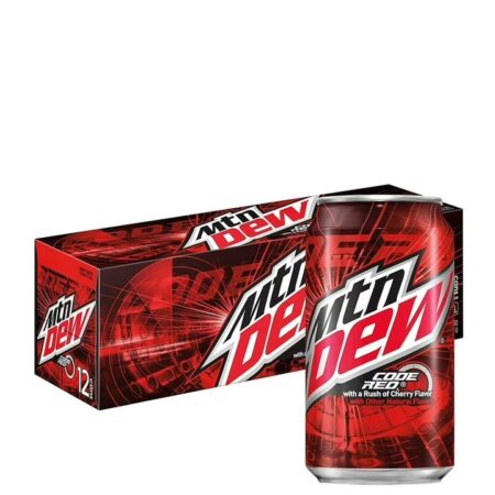 „Zgrzewka 12 puszek napoju Mountain Dew Code Red – czerwony wariant popularnego napoju gazowanego o smaku wiśniowym.”