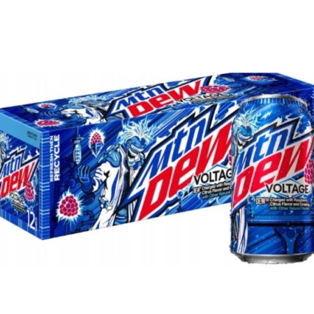 Zgrzewka 12 puszek Mountain Dew Voltage – napój gazowany o smaku malin, cytrusów i żeń-szenia, w niebieskich puszkach