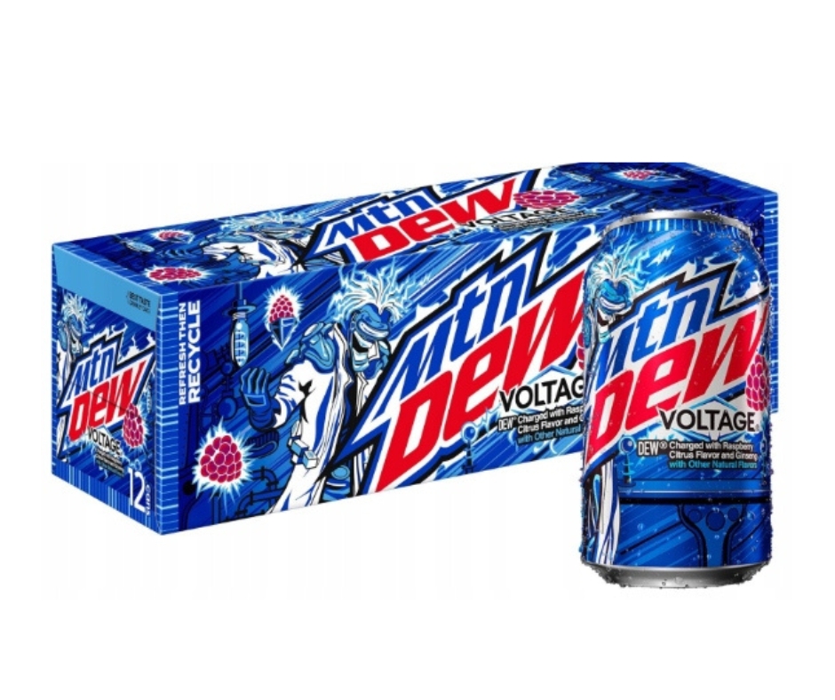 Zgrzewka 12 puszek Mountain Dew Voltage – napój gazowany o smaku malin, cytrusów i żeń-szenia, w niebieskich puszkach
