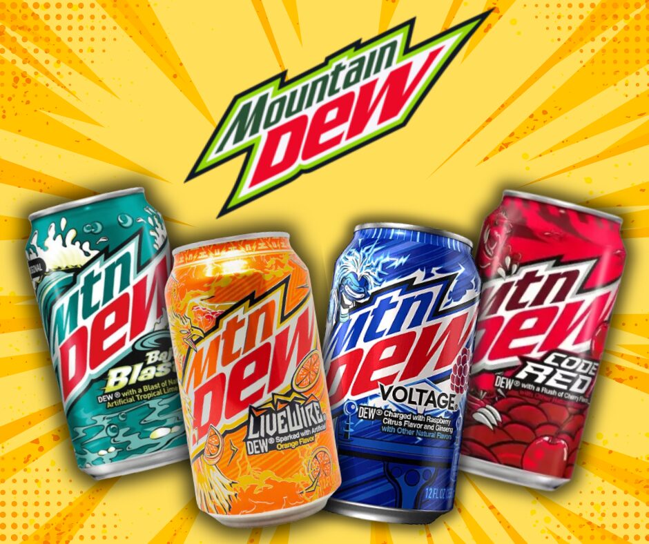 Cztery popularne smaki Mountain Dew: Baja Blast, Code Red, Voltage i Live Wire Orange – kolorowe puszki kultowych napojów gazowanych